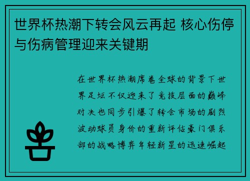世界杯热潮下转会风云再起 核心伤停与伤病管理迎来关键期 世界杯热潮下转会风云再起 核心伤停与伤病管理迎来关键期