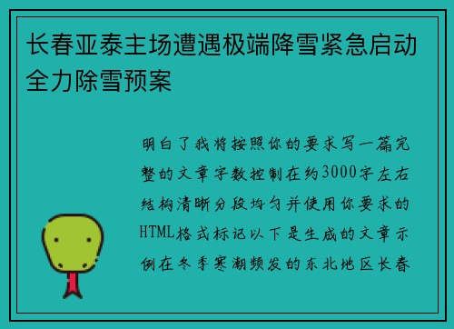 长春亚泰主场遭遇极端降雪紧急启动全力除雪预案